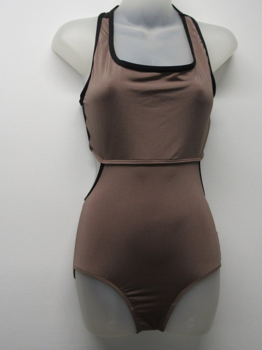 Mariia Crown Taupe Black Mesh Cutout Back Leotard Women's sz Small Ballet Dance